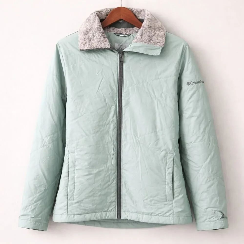 Columbia Interchange Women’s Pale Green Full Zip Pockets Fur Trim Jacket Coat S